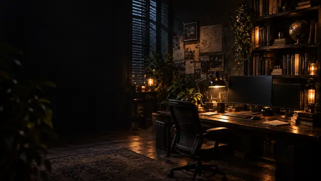 Warmly lit engineering workspace